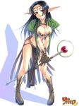  black_hair boots breasts brown_eyes circlet cleavage elf gloves ikeda_yasuhiro large_breasts leaning_forward legs long_hair mugen_no_fantasia platform_footwear pointy_ears shadow smile solo staff 