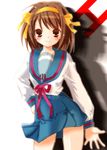  blue_sailor_collar blue_skirt brown_hair kita_high_school_uniform long_sleeves sailor_collar school_uniform serafuku short_hair skirt solo suzumiya_haruhi suzumiya_haruhi_no_yuuutsu 