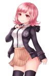  1girl bangs beige_skirt black_hoodie black_legwear blush commentary_request danganronpa dot_nose eyebrows_visible_through_hair flipped_hair hand_on_own_chest highres hood hoodie long_sleeves looking_at_viewer nanami_chiaki neit_ni_sei pink_eyes pink_hair pink_ribbon pleated_skirt ribbon shirt short_hair simple_background skirt smile solo standing super_danganronpa_2 thighhighs white_background white_shirt 