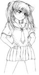  face greyscale hands_on_hips konoe_sunao monochrome school_uniform solo tsuyokiss twintails yamaguchi_homupe 