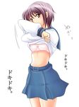  belt blue_sailor_collar blush bra brown_eyes kita_high_school_uniform lingerie nagato_yuki pink_bra purple_hair sailor_collar school_uniform serafuku shirt_lift short_hair solo suzumiya_haruhi_no_yuuutsu translation_request underwear undressing yumeno_naka 