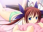  antenna_hair ass bed blue_eyes brown_hair game_cg green_panties hair_ribbon long_hair lying massage mizuki_kotora on_stomach oumi_risa panties pillow pillow_hug ribbon solo twintails underwear wanko_to_kurasou 