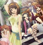  absurdres asahina_mikuru asakura_ryouko boots brown_hair dress fashion garden highres ikeda_shouko kimidori_emiri kyon_no_imouto megami multiple_girls nagato_yuki official_art scan short_hair sitting sitting_on_stairs stairs suzumiya_haruhi suzumiya_haruhi_no_yuuutsu tsuruya 