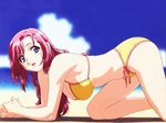  all_fours beach bikini blush breasts day gouda_hiroaki hanging_breasts kazami_mizuho large_breasts long_hair onegai_teacher outdoors pink_hair purple_eyes side-tie_bikini solo swimsuit 