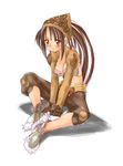  ankle_boots bandana belt boots brown_hair buckle full_body green_footwear highres indian_style looking_at_viewer morii_shizuki ponytail ragnarok_online shorts simple_background sitting skin_tight solo spread_legs thief_(ragnarok_online) white_background 