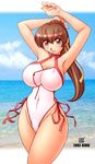  2003 arms_up blush breasts brown_eyes brown_hair cameltoe casual_one-piece_swimsuit curvy dead_or_alive highleg highleg_swimsuit hips huge_breasts kasumi_(doa) kenix one-piece_swimsuit photo_background ponytail smile solo swimsuit wide_hips 