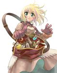 apple bag blonde_hair blush brown_dress dress floating_hair food from_below fruit gloves highres looking_at_viewer looking_down merchant_(ragnarok_online) messy_hair morii_shizuki parted_lips ragnarok_online red_gloves short_hair simple_background smile solo test_tube white_background wind 