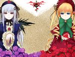  black_dress blonde_hair bonnet bow bowtie dress drill_hair expressionless frilled_sleeves frills green_bow green_neckwear hairband juliet_sleeves lolita_hairband long_sleeves looking_at_viewer m-hit multiple_girls puffy_sleeves red_dress red_eyes rozen_maiden shinku sidelocks silver_hair suigintou 
