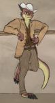  2018 anthro artemis_lamphuth_(character) barefoot belt biped claws clothed clothing cowboy_hat dragonborn dreamworks_face dress_shirt dungeons_&amp;_dragons feet full-length_portrait hat hi_res horn jacket leaning_on_wall looking_at_viewer male matydraws_(artist) pants portrait scales scalie shirt simple_background smile smirk smug solo standing toes vest 