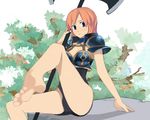  armor armored_dress axe barefoot battle_axe black_panties blue_dress blue_eyes brown_hair copyright_request dress feet full_body holding holding_weapon leg_up looking_at_viewer panties ryman short_hair shoulder_pads simple_background soles solo toes underwear weapon 