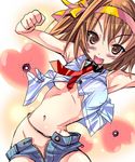  belly_chain brown_eyes brown_hair heart jewelry midriff no_panties open_clothes open_mouth open_shorts shiranagi short_hair shorts solo suzumiya_haruhi suzumiya_haruhi_no_yuuutsu 