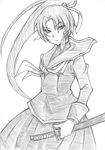  akenoin_soumon arcana_heart greyscale katana monochrome sketch solo sword tokinomiya_kamui weapon 