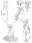 alternate_costume artist_request barefoot bespectacled blush book casual character_sheet chibi crescent glasses greyscale monochrome nightgown patchouli_knowledge pillow sidelocks sitting touhou walking 