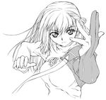  asymmetrical_clothes closed_mouth face fate/stay_night fate_(series) fighting_stance foreshortening greyscale hair_ribbon hands matou_sakura monochrome ribbon solo upper_body yamaguchi_homupe 