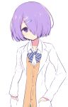  .live 1girl bow collared_shirt dress_shirt hair_ornament hair_over_one_eye hairclip hands_in_pockets kiso_azuki labcoat long_sleeves looking_at_viewer purple_eyes purple_hair school_uniform shirt short_hair simple_background solo striped striped_bow sweater_vest virtual_youtuber white_background white_shirt x_hair_ornament yuukagen_(poipoipopoino) 