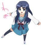 :d asakura_ryouko black_legwear blue_eyes blue_hair blue_sailor_collar blue_skirt from_above full_body half_updo kita_high_school_uniform long_hair long_sleeves looking_at_viewer looking_up neck_ribbon open_mouth outstretched_arms ribbon sailor_collar school_uniform serafuku shoes simple_background skirt smile solo spread_arms suzumiya_haruhi_no_yuuutsu thighhighs u-ka_(pixiv5407) uwabaki white_background 