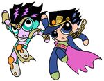  artist_request flying gakuran jojo_no_kimyou_na_bouken kuujou_joutarou lowres multiple_boys parody powerpuff_girls school_uniform stand_(jojo) star_platinum style_parody 