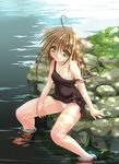  animal_ears barefoot breasts brown_hair copyright_request dappled_sunlight green_eyes legs long_hair morii_shizuki nipple_slip nipples panties pantyshot sitting small_breasts soaking_feet solo sunlight thighs underwear water 