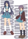  asakura_ryouko blue_sailor_collar blue_skirt cardigan kita_high_school_uniform legs long_sleeves multiple_girls nagato_yuki sailor_collar sakana school_uniform serafuku skirt suzumiya_haruhi_no_yuuutsu 