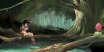  bare_legs black_hair forest hairband looking_at_viewer midriff morii_shizuki nature navel outdoors peaceful plant pond poporing poring ragnarok_online scenery short_hair simple_background sitting solo stomach swamp tree water 