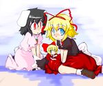  animal_ears between_legs black_hair black_shirt blonde_hair blue_eyes bobby_socks bow bunny_ears bunny_tail carrot_necklace golden_pe_done hair_bow hair_ribbon hand_between_legs inaba_tewi medicine_melancholy multiple_girls oekaki pink_shirt pink_skirt puffy_short_sleeves puffy_sleeves red_bow red_eyes red_ribbon red_skirt ribbon shirt shoes short_hair short_sleeves simple_background sitting skirt socks su-san tail touhou v_arms wariza white_legwear 