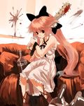  alcohol animal_ears bare_shoulders baseball_bat blood bottle bow cat_ears couch cuffs dress glass hair_bow kusanagi_kikoku long_hair nail nail_bat original pink_hair sitting solo very_long_hair 