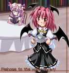  artist_request bat_wings black_jacket black_legwear black_skirt black_wings book bow chair crescent crescent_hair_ornament cup demon_girl english frilled_skirt frills hair_ornament hat head_wings hexagram jacket koakuma library long_hair multiple_girls pantyhose patchouli_knowledge pink_hat purple_hair red_eyes red_hair ribbon-trimmed_clothes ribbon_trim shirt short_hair skirt source_request star_of_david table teacup touhou white_shirt wings yellow_bow 