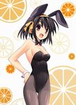  animal_ears brown_hair bunny_ears bunnysuit food fruit inuzumi_masaki navel orange pantyhose short_hair solo suzumiya_haruhi suzumiya_haruhi_no_yuuutsu 