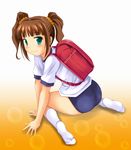  aqua_eyes backpack bag brown_hair buruma feet gym_uniform idolmaster idolmaster_(classic) idolmaster_1 kneehighs nishi_(count2.4) randoseru socks soles solo takatsuki_yayoi twintails 