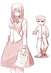  1girl annotated bangs cowboy_shot emiya_shirou fate/stay_night fate_(series) fue_(rhomphair) holding long_sleeves looking_at_viewer mitsuzuri_ayako monochrome paper parted_bangs pink short_hair simple_background skirt standing walking white_background 