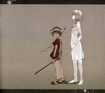  1girl albino barefoot black_hair brown_hair dress feet gown height_difference highres horns ico ico_(character) morii_shizuki pale_skin pointy_ears sandals short_hair silver_hair stick tabard yorda 