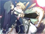  blonde_hair breasts dress glowing hug kawahara_megumi large_breasts long_hair multiple_girls original sword weapon yuri 