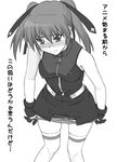  blush breasts check_translation covered_nipples gloves greyscale lyrical_nanoha mahou_shoujo_lyrical_nanoha_strikers medium_breasts monochrome panties panty_pull shichimenchou sleeveless solo teana_lanster thighhighs translated translation_request twintails underwear 
