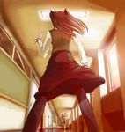  1girl emiya_shirou fate/stay_night fate_(series) fleeing fluorescent_lamp from_behind from_below fukurou hallway homurahara_academy_uniform pantyhose running school school_uniform toosaka_rin 