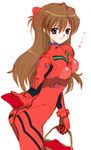 ass bangs basket beamed_eighth_notes blue_eyes blush bodysuit bracer breasts brown_hair from_side giving gloves grin hair_between_eyes hair_ornament hijiri_ruka holding leaning_forward long_hair looking_at_viewer looking_back musical_note neon_genesis_evangelion number pilot_suit plugsuit red_bodysuit simple_background sketch small_breasts smile solo souryuu_asuka_langley turtleneck white_background 