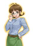  adjusting_eyewear akizuki_ritsuko antenna_hair belt braid brown_eyes brown_hair glasses hand_on_hip hida_tatsuo idolmaster idolmaster_(classic) idolmaster_1 striped twin_braids 