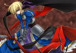  armor armored_dress artoria_pendragon_(all) blonde_hair blue_dress cowboy_shot dress fate/stay_night fate_(series) faulds food fruit gauntlets green_eyes holding holding_food holding_fruit looking_at_viewer saber short_hair solo standing tsuki_hiro unsheathed 