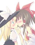  artist_request bare_shoulders black_hat blonde_hair blush bow brown_eyes detached_sleeves frilled_bow frills hair_bow hakurei_reimu hat hat_bow kirisame_marisa kiss multiple_girls puffy_short_sleeves puffy_sleeves red_bow red_ribbon ribbon ribbon-trimmed_sleeves ribbon_trim short_hair short_sleeves simple_background touhou white_background white_bow wide_sleeves witch_hat yuri 