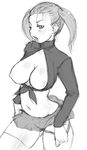  breasts greyscale kei_jiei large_breasts midriff monochrome navel open_clothes open_shirt original panties panty_pull shirt solo thighhighs twintails underwear 