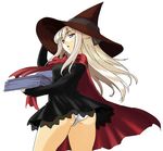  :o ass black_dress blonde_hair book cape cowboy_shot dr.p dress hand_to_hat hat holding holding_book long_hair long_sleeves open_book original panties pantyshot red_cape simple_background solo underwear white_background white_panties witch_hat 