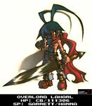  antenna_hair bad_source character_name disgaea full_body grin jason_robinson laharl makai_senki_disgaea male_focus pointy_ears red_eyes scarf shirtless shoes shorts smile solo sword thumbs_down weapon white_background 