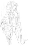  artist_request bodysuit breasts greyscale gun large_breasts long_hair metroid monochrome samus_aran sketch solo weapon zero_suit 