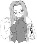  breasts closed_mouth covered_nipples face fate/stay_night fate_(series) glasses greyscale hands large_breasts long_hair monochrome rider solo yamaguchi_homupe 