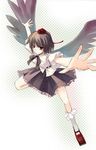  bangs black_wings brown_hair geta hat looking_at_viewer red_eyes seo_tatsuya shameimaru_aya short_hair skirt solo tengu-geta tokin_hat touhou wings 