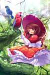  bird bloomers brown_hair dress hanpen hat long_hair original parrot sitting solo underwear 