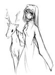  animal antlers aozaki_aoko artist_request cowboy_shot dress greyscale long_hair looking_at_viewer lowres monochrome petting reindeer reindeer_antlers simple_background solo standing tsukihime white_background 