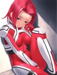  bodysuit breasts code_geass kallen_stadtfeld large_breasts leg_up legs red_bodysuit red_hair shiny shiny_clothes skin_tight solo spandex tears thighs uni 