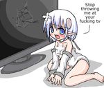  blue_eyes detached_sleeves english game_console lowres monitor oekaki pointy_ears profanity solo tears white_hair wii wii-tan 