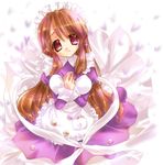  alternate_costume apron asahina_mikuru blush breasts dress enmaided frills hand_on_own_chest juliet_sleeves large_breasts long_sleeves looking_at_viewer maid maid_headdress nyanmilla puffy_sleeves purple_dress smile solo suzumiya_haruhi_no_yuuutsu tareme waist_apron 