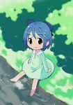  :3 artist_request barefoot blue_eyes blue_hair dress from_above gakuen_utopia_manabi_straight! green_dress hair_ornament hairclip inamori_mika looking_at_viewer looking_up lowres river shore short_hair sitting soaking_feet solo water 